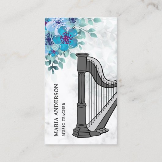 Moderne Elegante Chic Blue Floral Harp Muziekleraa Visitekaartje (Voorkant)