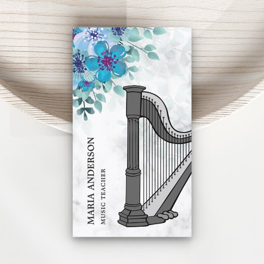 Moderne Elegante Chic Blue Floral Harp Muziekleraa Visitekaartje