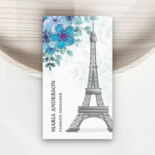 Moderne elegante Chic Blue Floral Paris Eiffeltore Visitekaartje