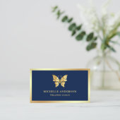 Moderne elegante Chic Blue Gold Folie Butterfly Visitekaartje (Staand voorkant)