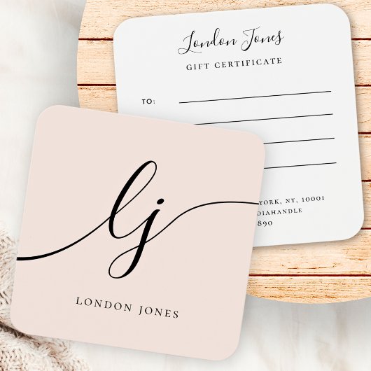 Moderne elegante Chic Blush Pink Gift Certificaat Vierkante Visitekaartjes