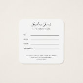 Moderne elegante Chic Blush Pink Gift Certificaat Vierkante Visitekaartjes (Achterkant)