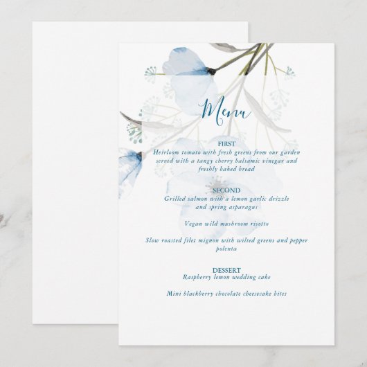 Moderne Elegante Chic Stofblauwe Huwelijk Menu (Voorkant / Achterkant)