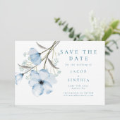 Moderne Elegante Chic Stofblauwe Huwelijk Save The Date (Staand voorkant)
