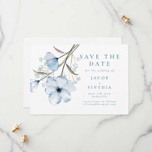 Moderne Elegante Chic Stofblauwe Huwelijk Save The Date (Voorkant / Achterkant in situ)