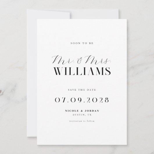 Moderne Elegante Chic Zwart-Witte Bruiloft Save The Date (Voorkant)