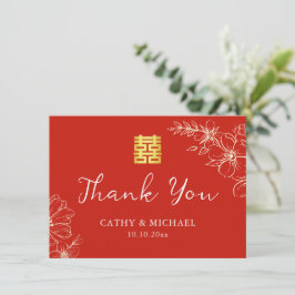 Moderne elegante Chinese huwelijksbloem schrift ro Bedankkaart
