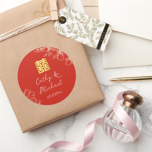 Moderne elegante Chinese trouw bloemrijke script r Ronde Sticker (Geschenken)