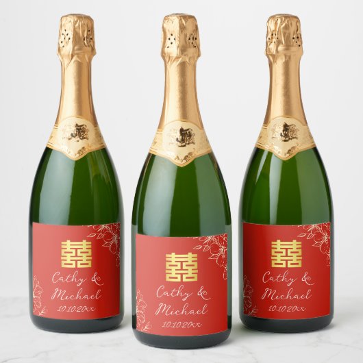 Moderne elegante Chinese trouw bloemrijke script r Sparkling Wijnetiket (Flessen)