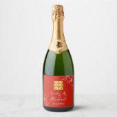 Moderne elegante Chinese trouw bloemrijke script r Sparkling Wijnetiket (Voorkant)