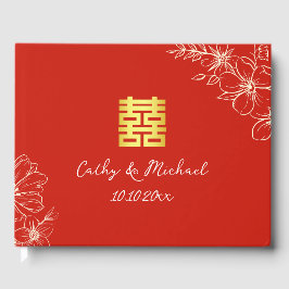 Moderne elegante Chinese trouwbloem schrift rood Gastenboek