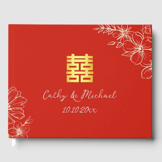 Moderne elegante Chinese trouwbloem schrift rood Gastenboek (Voorkant)