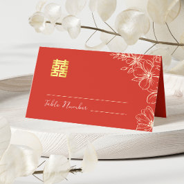 Moderne elegante Chinese trouwbloem schrift rood Plaatskaartje