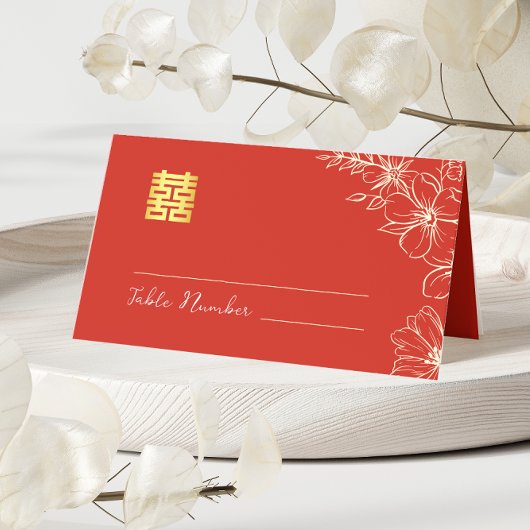 Moderne elegante Chinese trouwbloem schrift rood Plaatskaartje