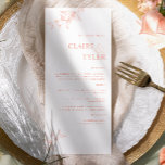 Moderne Elegante Chique Blush Roze en Perzik Bruil Menu<br><div class="desc">Verras uw gasten met deze elegante trouwmenukaart met een stijlvol, schoon en eenvoudig ontwerp met delicate handgetekende bloemendetails in blush roze en perzikkleurige tinten. Ontwerp met elegante moderne bloktypografie. Mogelijkheid om alle tekstsecties te personaliseren met behulp van de sjabloon tekstvakken die, indien nodig, u kunt de blauwe knop "Bewerken met...</div>