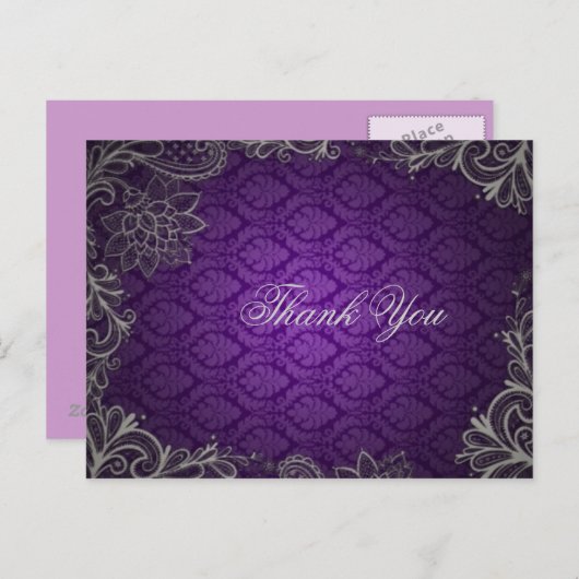 Moderne elegante Damask paarse bruiloft Bedankt Briefkaart (Voorkant / Achterkant)