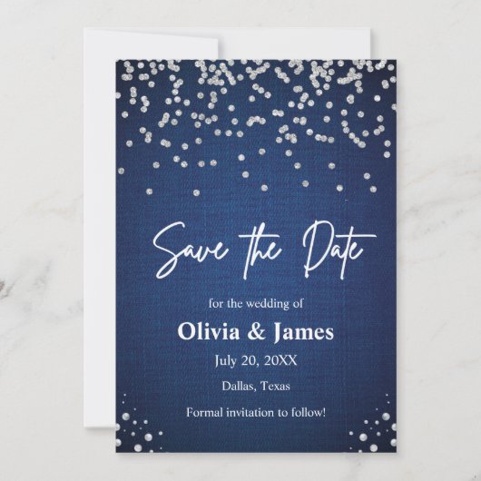 Moderne Elegante Denim en Diamanten Fotobruiloft Save The Date (Voorkant)