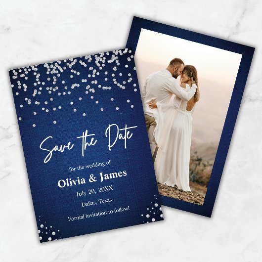 Moderne Elegante Denim en Diamanten Fotobruiloft Save The Date
