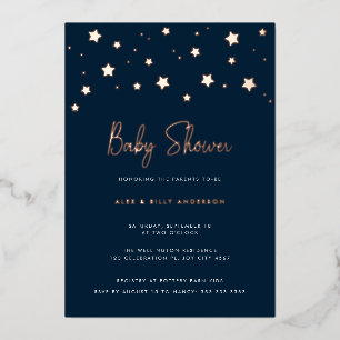 Moderne Elegante Donkerblauwe Sterren Ouders Baby Folie Uitnodiging