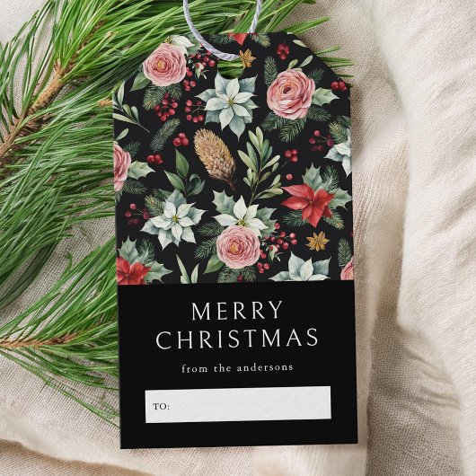 Moderne Elegante Donkere Bloemen Kerstmis Cadeaulabel