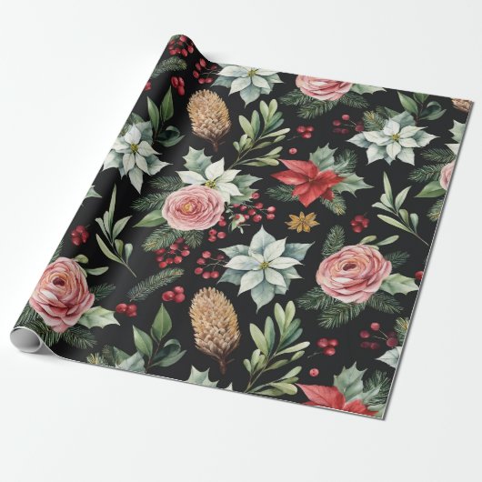 Moderne Elegante Donkere Bloemen Kerstmis Cadeaupapier (Uitgerold)