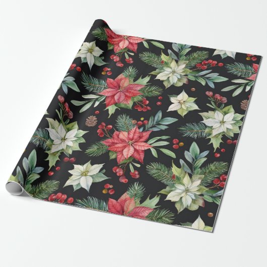 Moderne Elegante Donkere Bloemen Kerstmis Cadeaupapier (Uitgerold)
