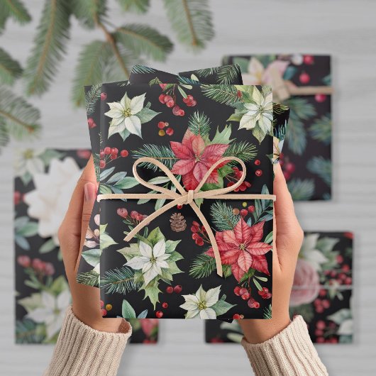 Moderne Elegante Donkere Bloemen Kerstmis Inpakpapier Vel