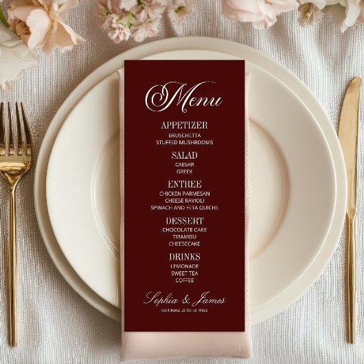 Moderne Elegante Donkerrode Trouwdag Menu