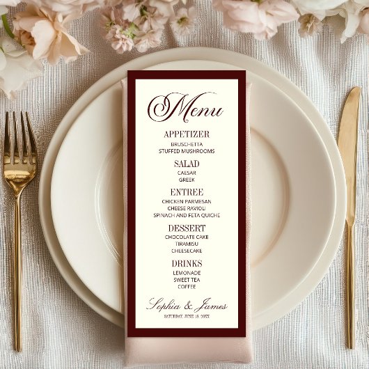 Moderne Elegante Donkerrode Trouwdag Menu