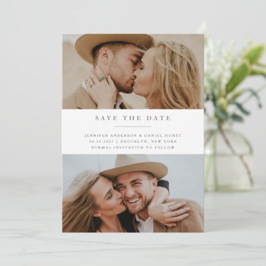 Moderne Elegante drie Foto Save the Date (Staand voorkant)