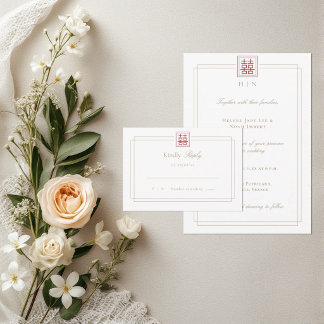 Moderne Elegante Dubbele Geluk Huwelijk RSVP Kaart