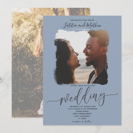 Moderne Elegante Dusty Blauwe foto bruiloft Kaart (Voorkant / Achterkant)