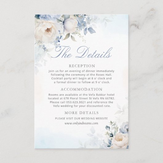Moderne Elegante Dusty Blue Floral Wedding Details Informatiekaartje (Voorkant)