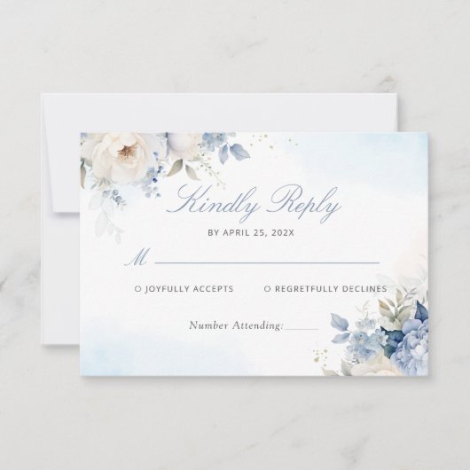 Moderne Elegante Dusty Blue Floral Wedding RSVP Ka (Voorkant)