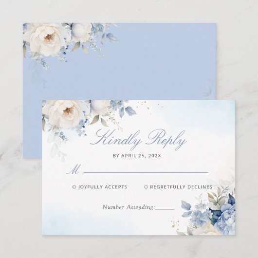 Moderne Elegante Dusty Blue Floral Wedding RSVP Ka (Voorkant / Achterkant)