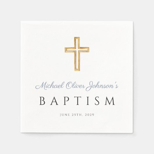 Moderne Elegante Dusty Blue Script Boy Doop Servet (Voorkant)