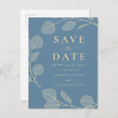 Moderne Elegante Eenvoudige Bladeren Blauwe Bruilo Aankondigingskaart (Voorkant / Achterkant)