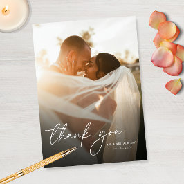 Moderne Elegante Eenvoudige Script 2 Foto's Trouwd Bedankkaart