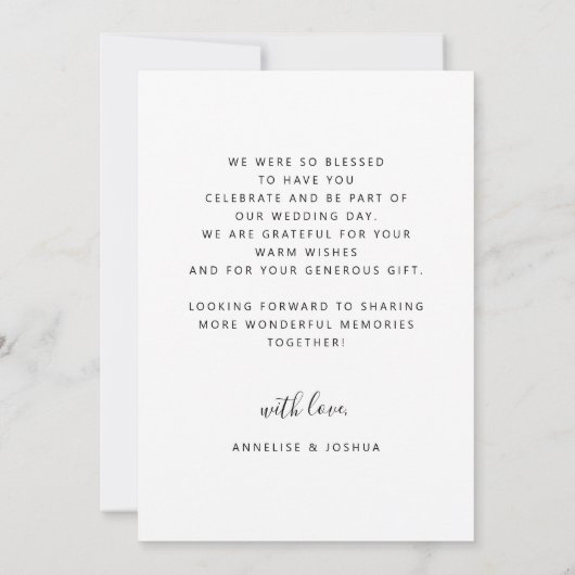 Moderne elegante, eenvoudige scriptfotobruiloft bedankkaart (Achterkant)