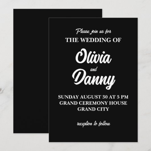 Moderne Elegante Eenvoudige Zwart-Wit Huwelijk Kaart (Voorkant / Achterkant)