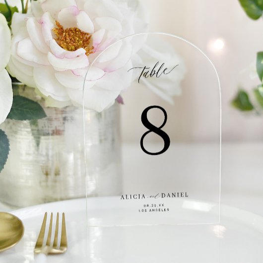 Moderne elegante eenvoudige zwarte script boog bru acryl uitnodigingen