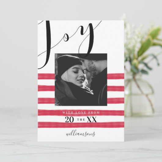 Moderne, elegante en Trendy Black & Red Stripe fot Feestdagenkaart (Staand voorkant)