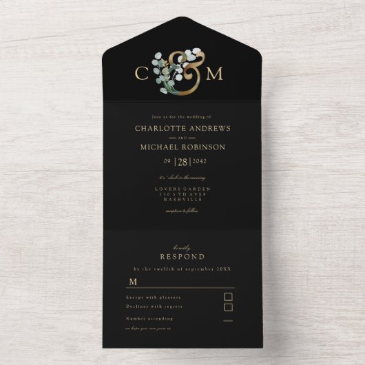 Moderne elegante Eucalyptus Ampersand bruiloft All In One Uitnodiging (Binnen)