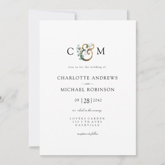 Moderne elegante Eucalyptus Ampersand bruiloft Kaart (Voorkant)