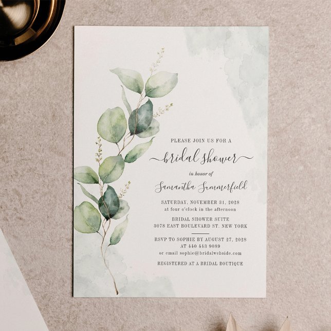 Moderne Elegante Eucalyptus Bruids Douche Uitnodig (Eucalyptus Botanical Watercolor Bridal Shower Invitation)