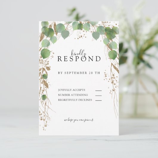 Moderne, elegante eucalyptus glitter RSVP-kaart RSVP Kaartje (Staand voorkant)