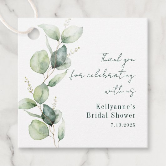 Moderne Elegante Eucalyptus Groene Bruiloft Feest Bedankjes Labels (Voorkant)