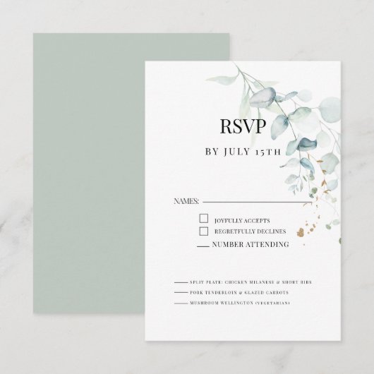 Moderne Elegante Eucalyptus Groene Maaltijdkeuze RSVP Kaartje (Voorkant / Achterkant)