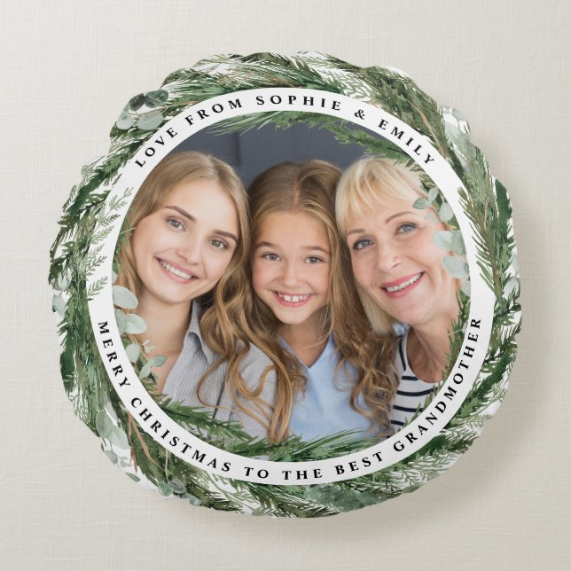 moderne elegante eucalyptus kerst foto familie rond kussen (Voorkant)