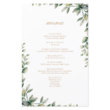 Moderne elegante eucalyptus laat huwelijksmenu ach